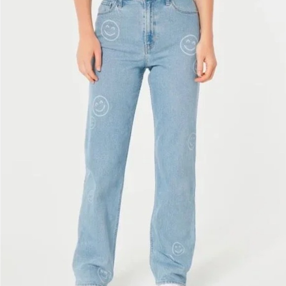 Hollister Light Blue Flare Jeans with Smiley Pattern - Picture 1 of 4